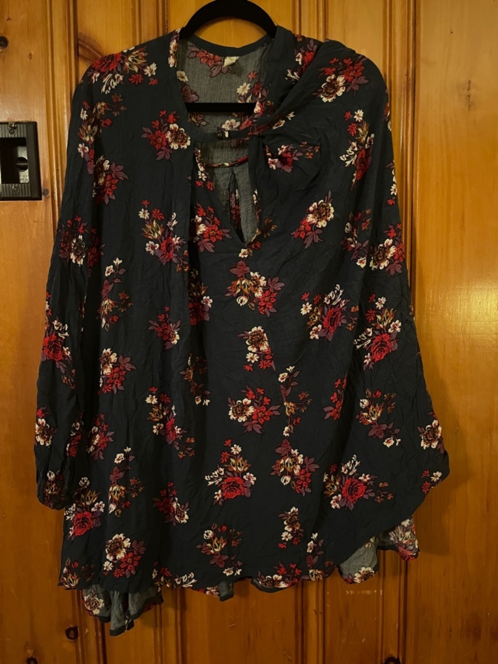 Free People deep green Tie-Neck Tunic with Red & Cream Blooms